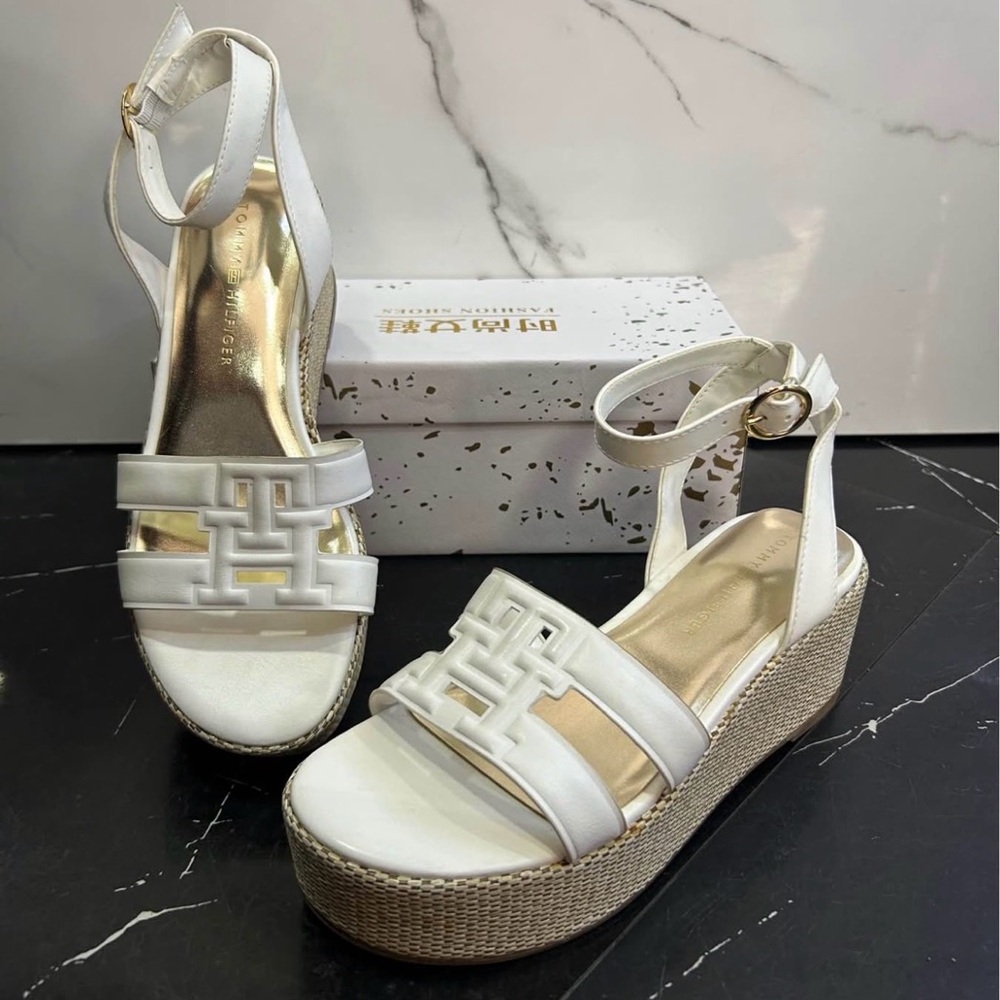 Tommy Hilfiger Vastie Raffia Platform Wedge Sandals White Women US 8 NOWT